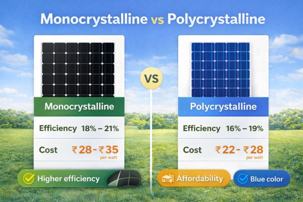 Difference between monocrystalline and polycrystalline solar panels in India with efficiency and cost comparison