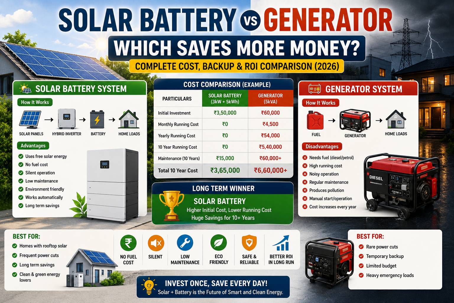 Solar battery vs generator India cost savings backup comparison 2026