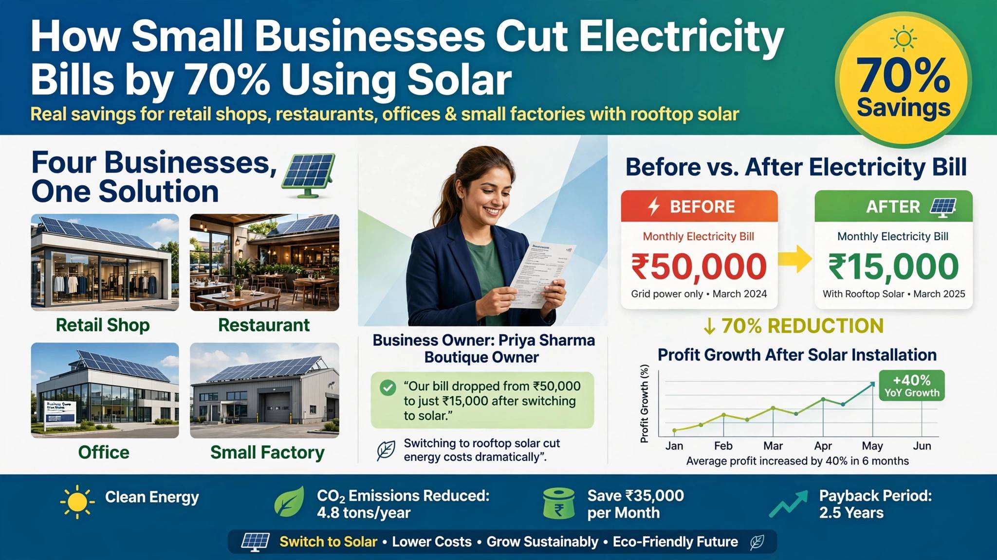 Small business with rooftop solar panels reducing electricity bills by 70% using commercial solar energy in India.