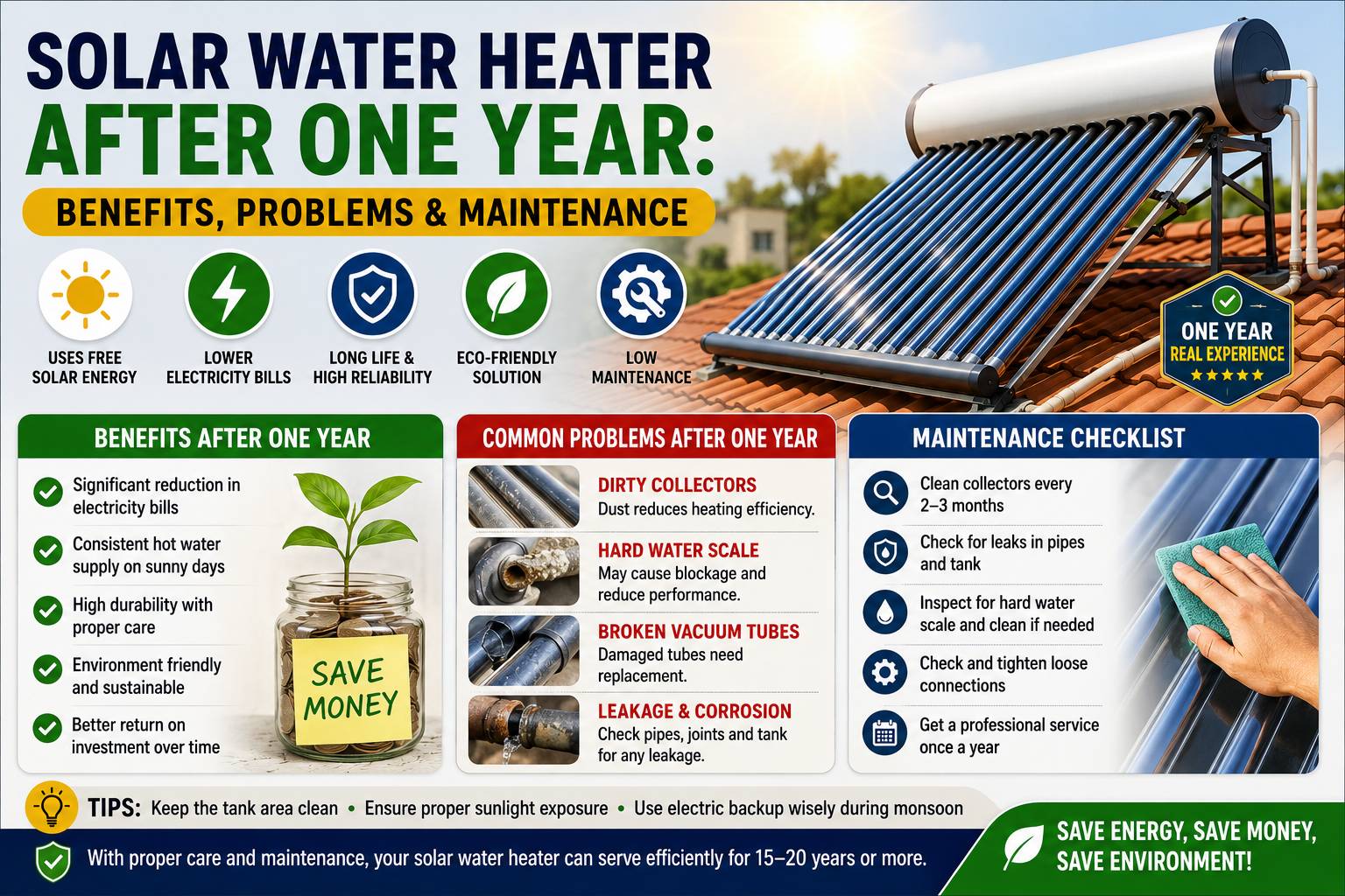 Solar water heater after one year showing benefits problems and maintenance checklist