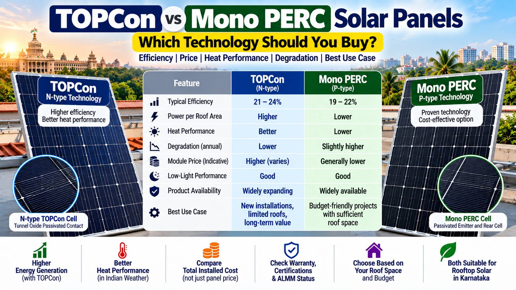 TOPCon vs Mono PERC solar panels comparison showing efficiency, heat performance, price and long-term value