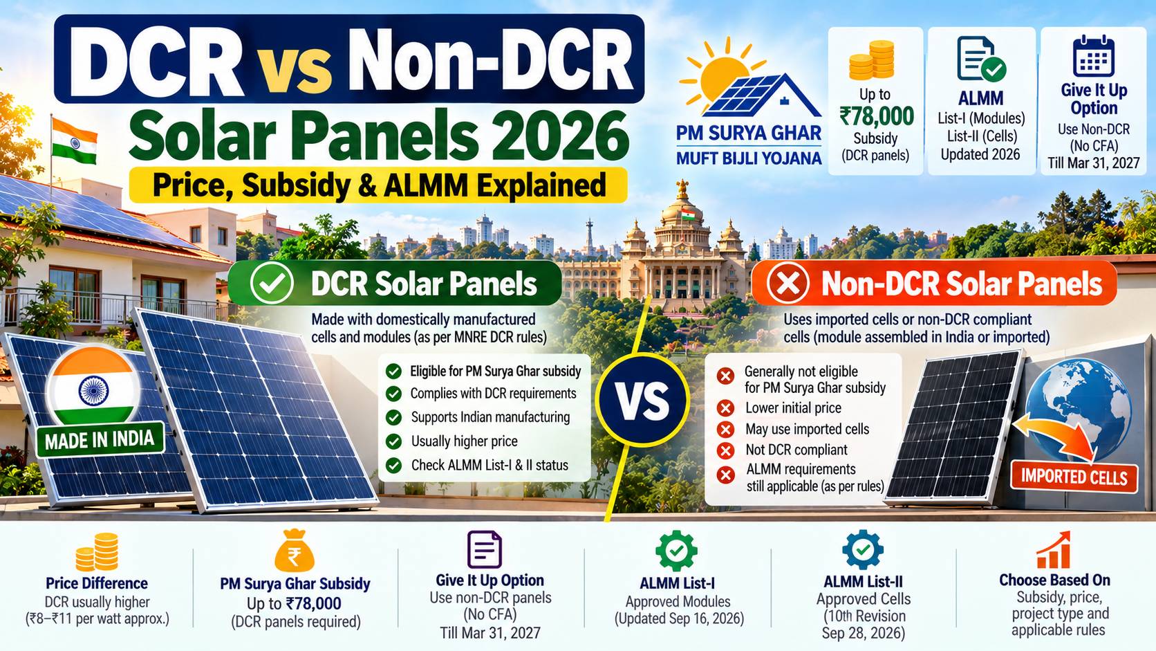 DCR vs Non-DCR solar panels 2026 showing PM Surya Ghar subsidy, ALMM rules and price differences