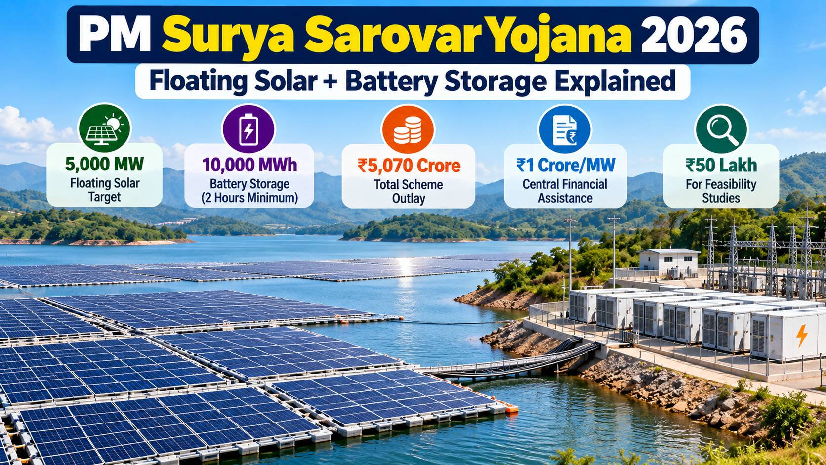 Floating solar panels on an Indian reservoir connected to a battery energy storage system under PM Surya Sarovar Yojana
