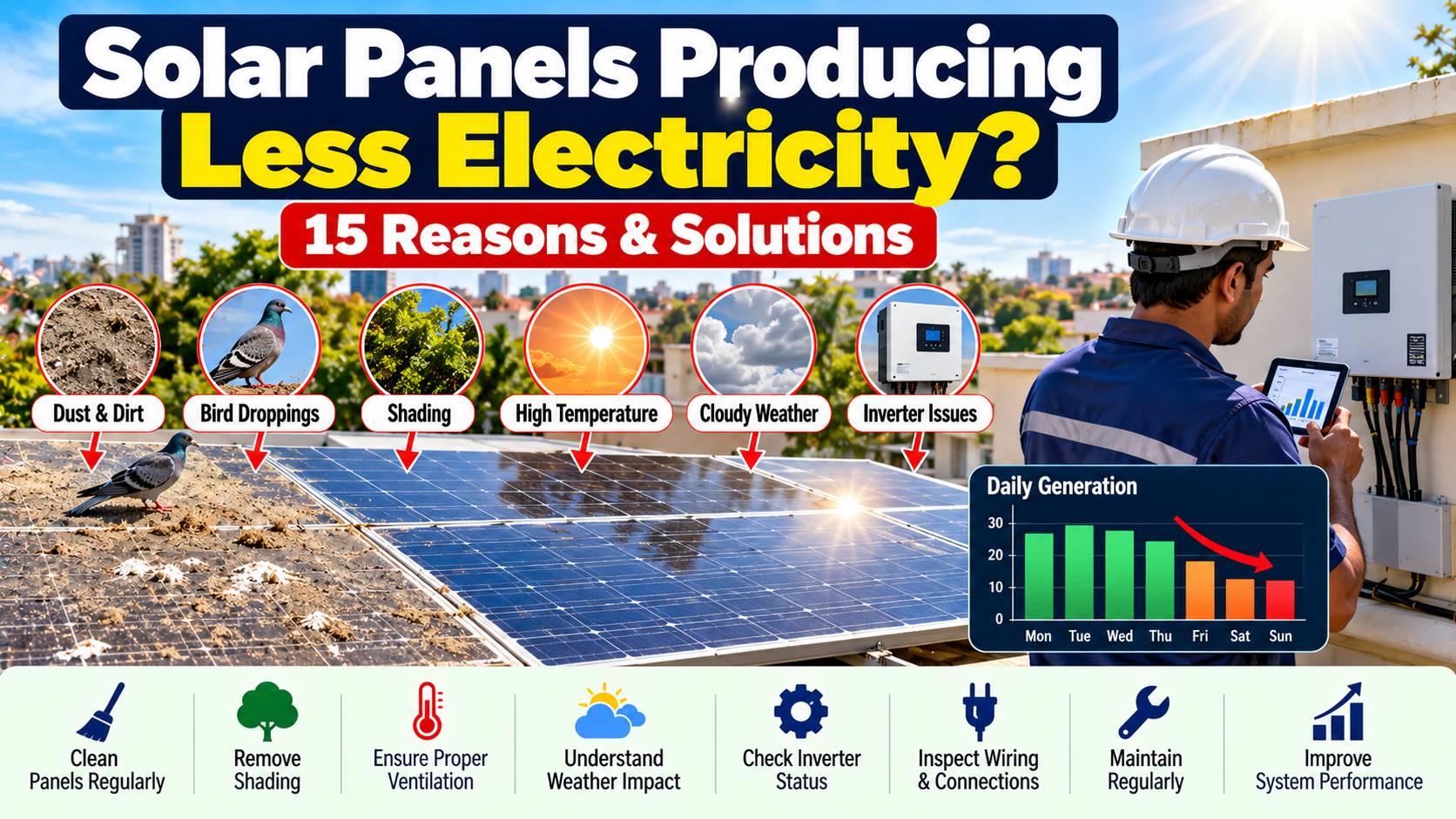 Rooftop solar panels being checked for dust, shading and inverter problems that can reduce electricity production